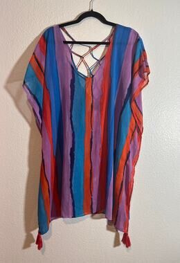 Palisades Beach Club Size XL/XXL Sheer Swimsuit Cover-Up Tassels Multicolor